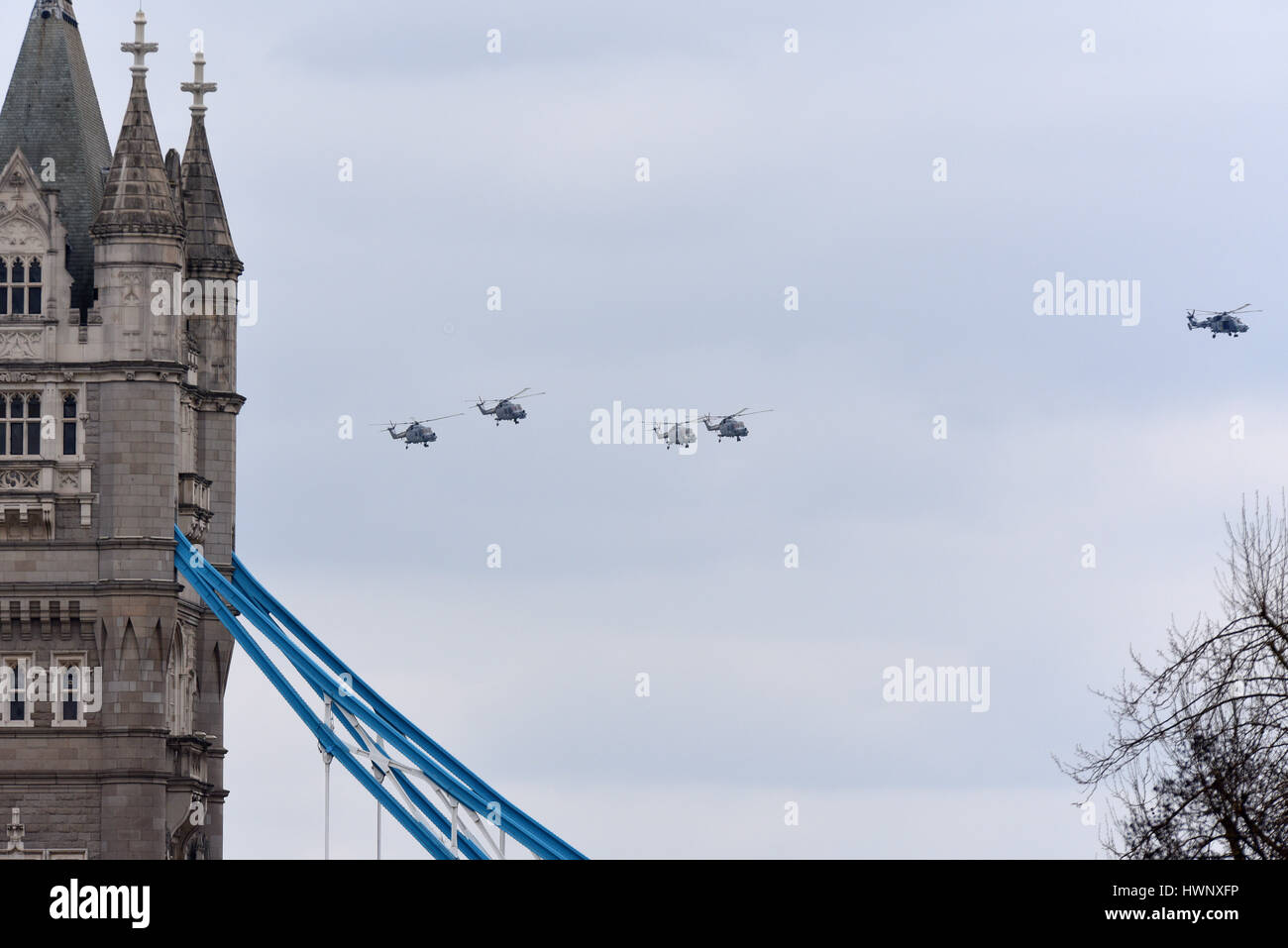 A farewell tour flypast of four Mk8 Westland Lynx helicopters flew over a number of locations and along the Thames in London to mark their retirement Stock Photo