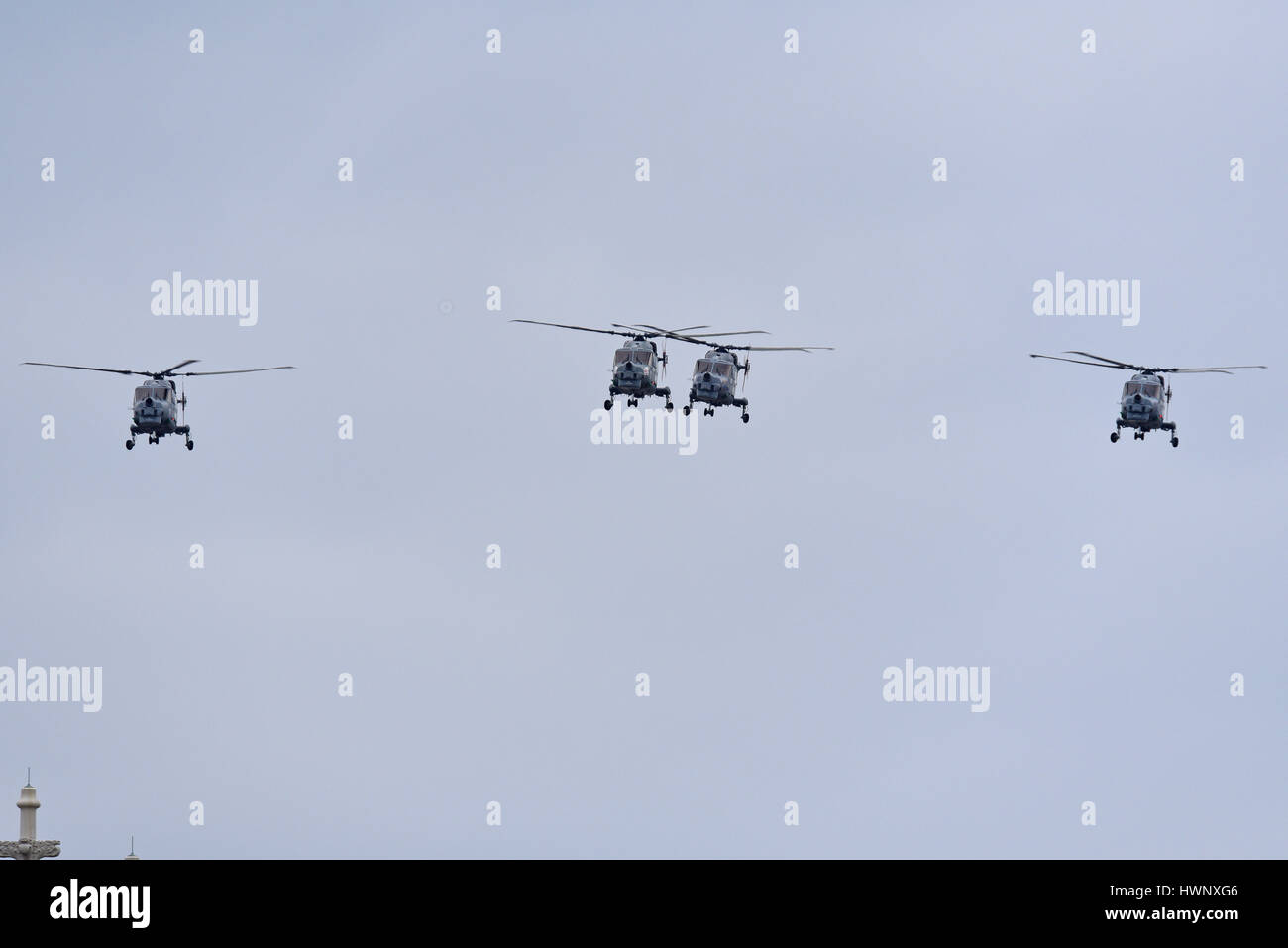 A farewell tour flypast of four Mk8 Westland Lynx helicopters flew over a number of locations and along the Thames in London to mark their retirement Stock Photo