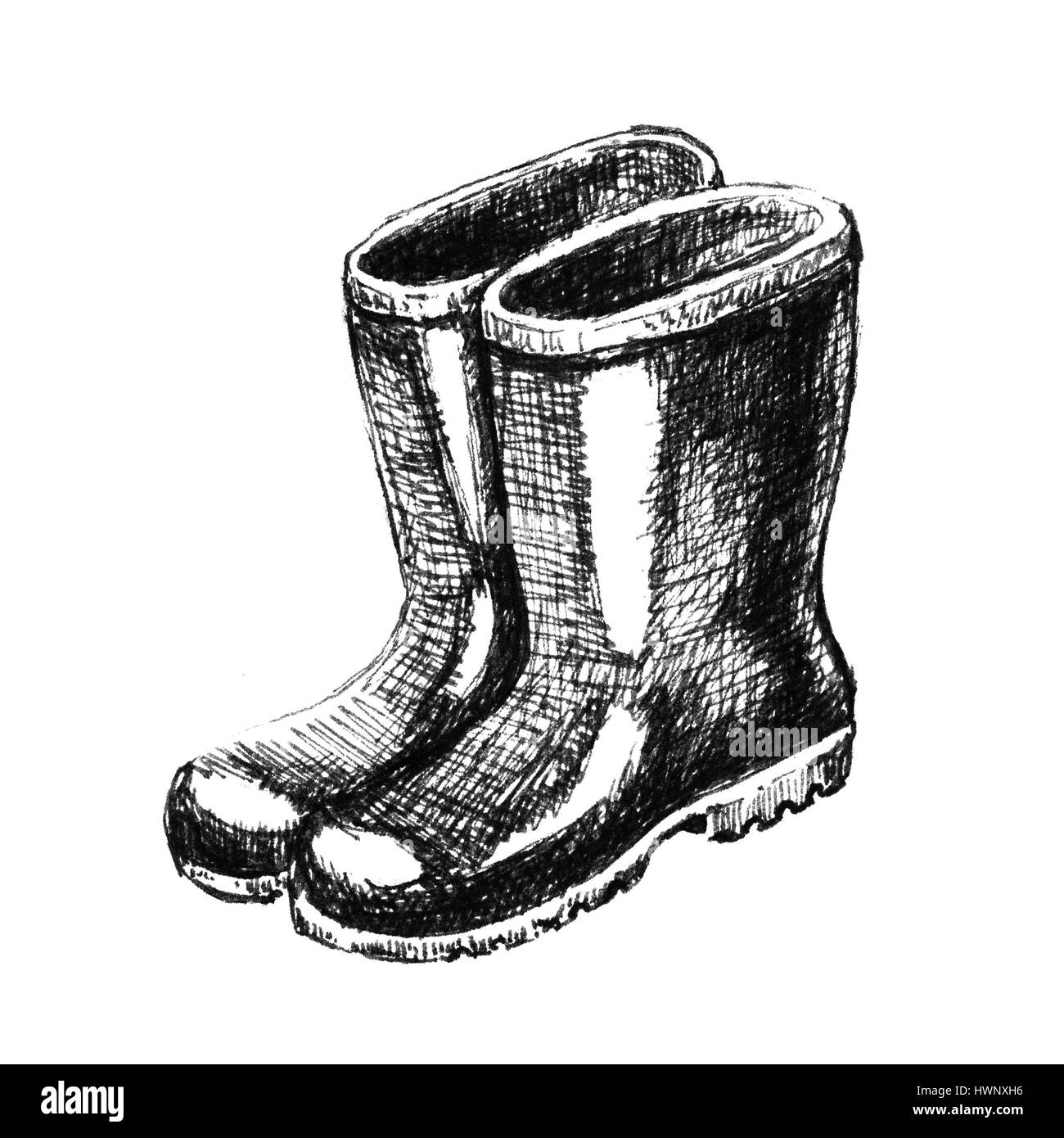 Rubber boots. Hand drawn sketch Stock Photo - Alamy
