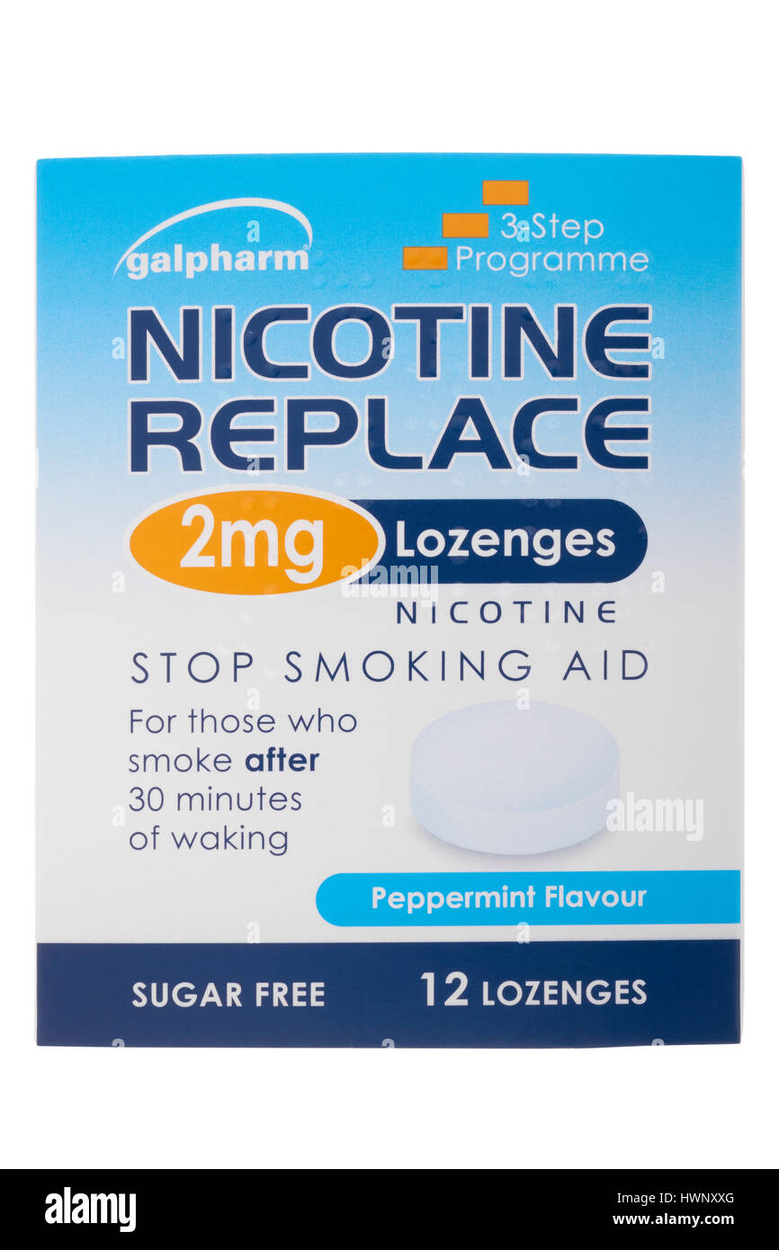 Box of nicotine replacement lozenges on white background Stock Photo