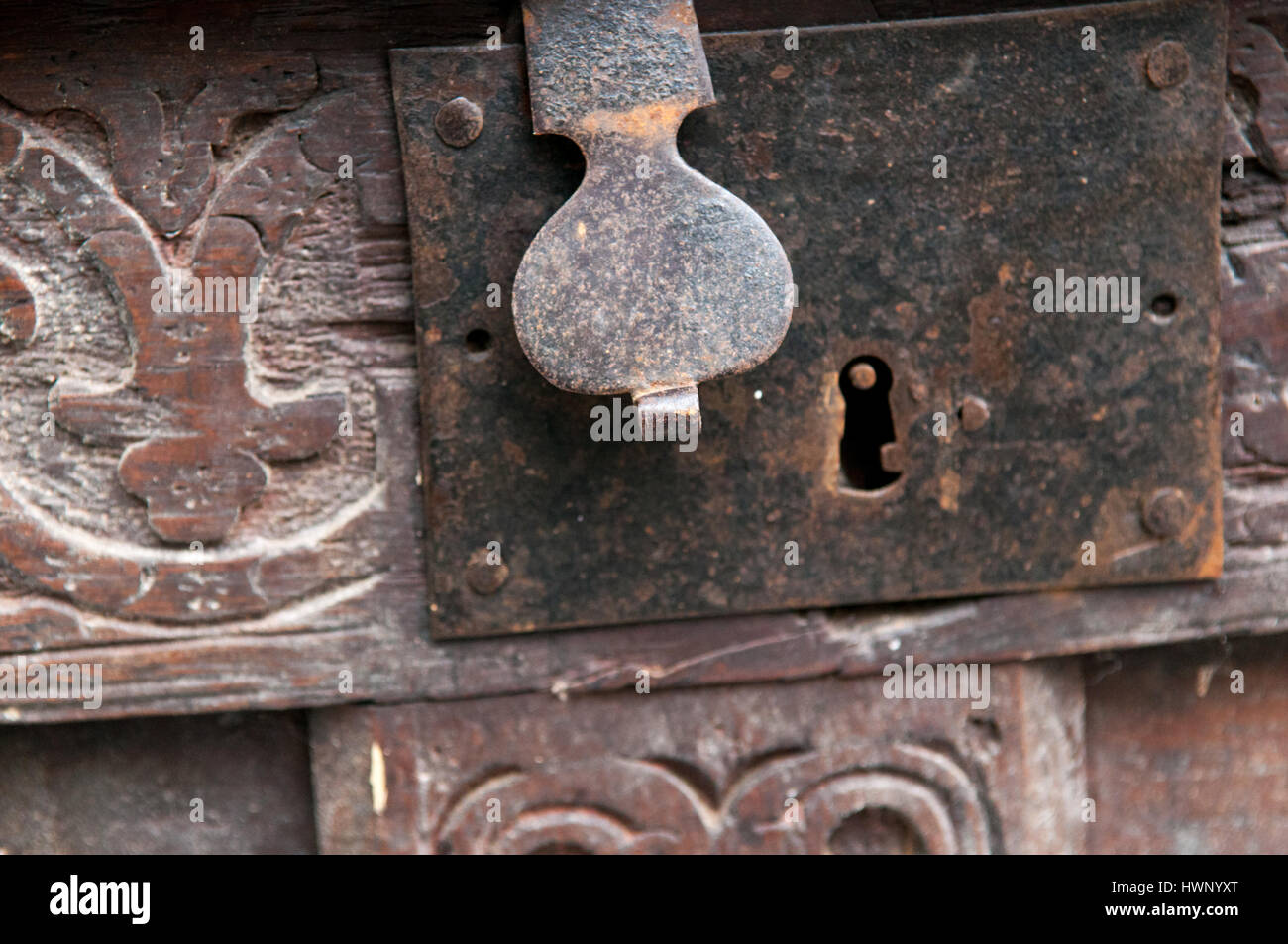 old antique wooden chest with padlock clasp Stock Photo Alamy