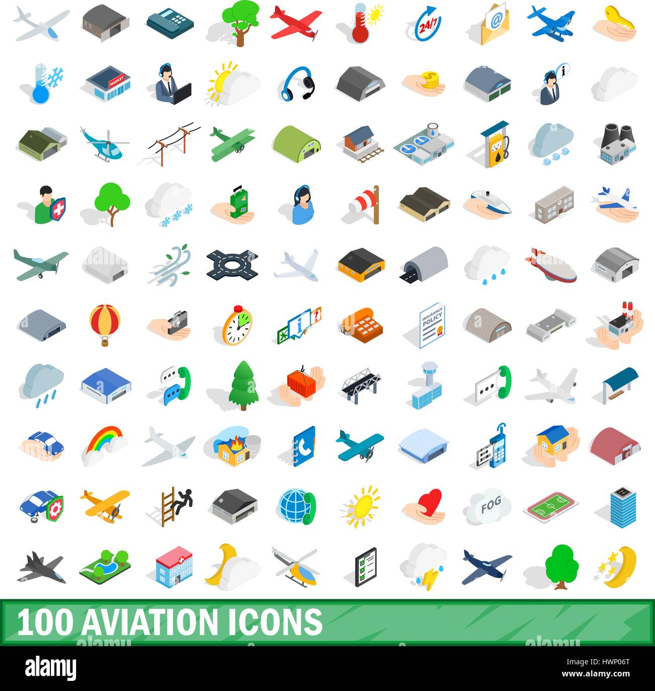 100 aviation icons set, isometric 3d style Stock Vector
