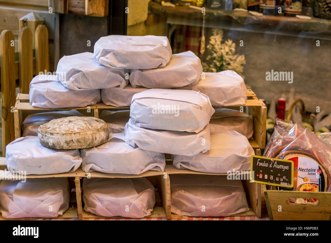 Saint-Nectaire cheeses in a shop. Puy de Dome. Auvergne. France Stock Photo