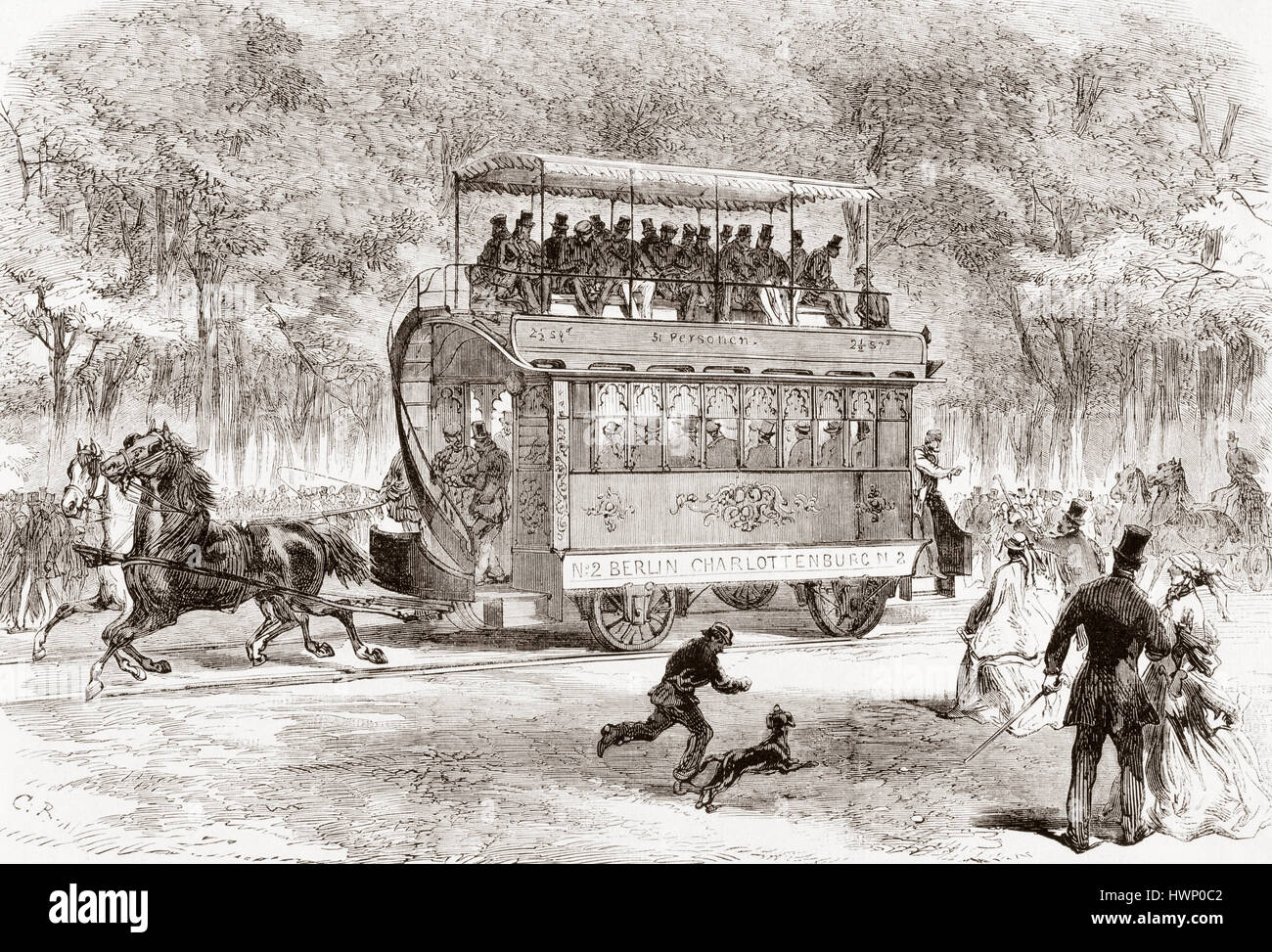 The first horse-bus or horse-drawn omnibus line from Brandenburger Tor, Berlin, Germany to Charlottenburg in 1825.  From L'Univers Illustre published 1867. Stock Photo