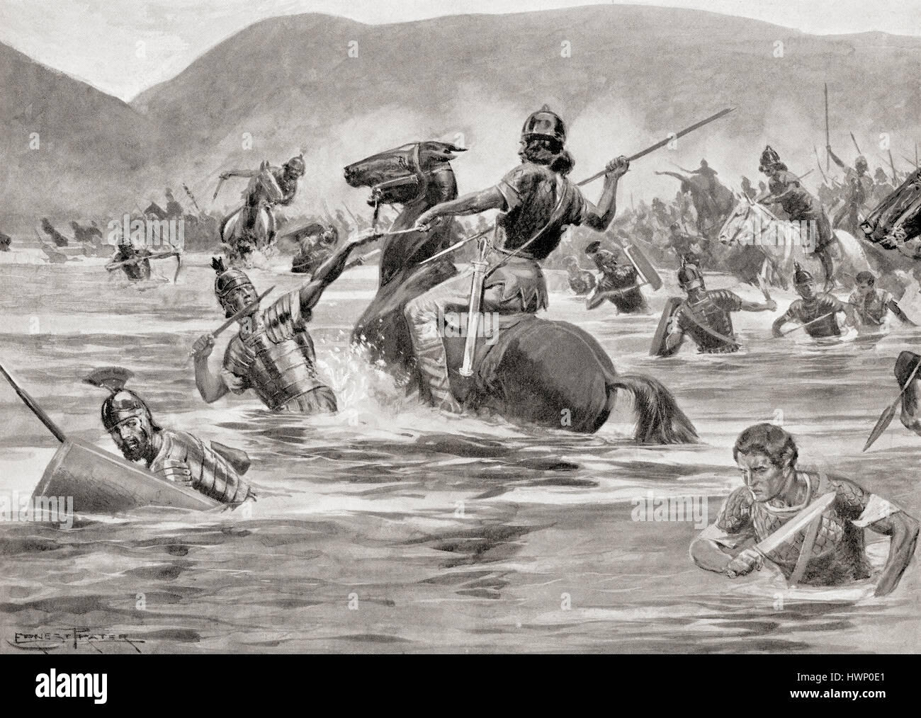 The Battle of Lake Trasimene, Italy, June 24, 217 BC, between the Carthaginians under Hannibal and the Romans.  After the painting by Ernest Prater, (1864-1950).  From Hutchinson's History of the Nations, published 1915. Stock Photo