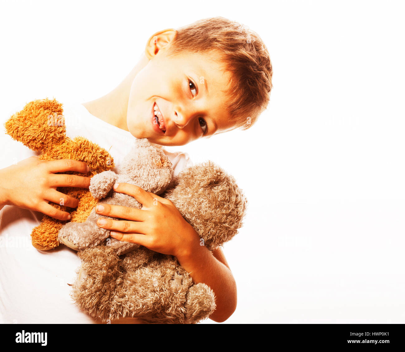 little cute boy with many teddy bears hugging isolated close up Stock ...