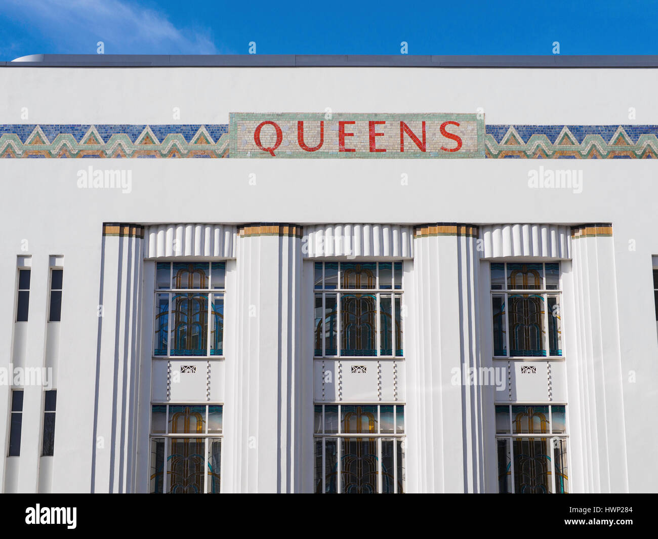 Original art deco facade of the old Queens cinema, Queensway, Bayswater, London, now a luxury apartment block Stock Photo