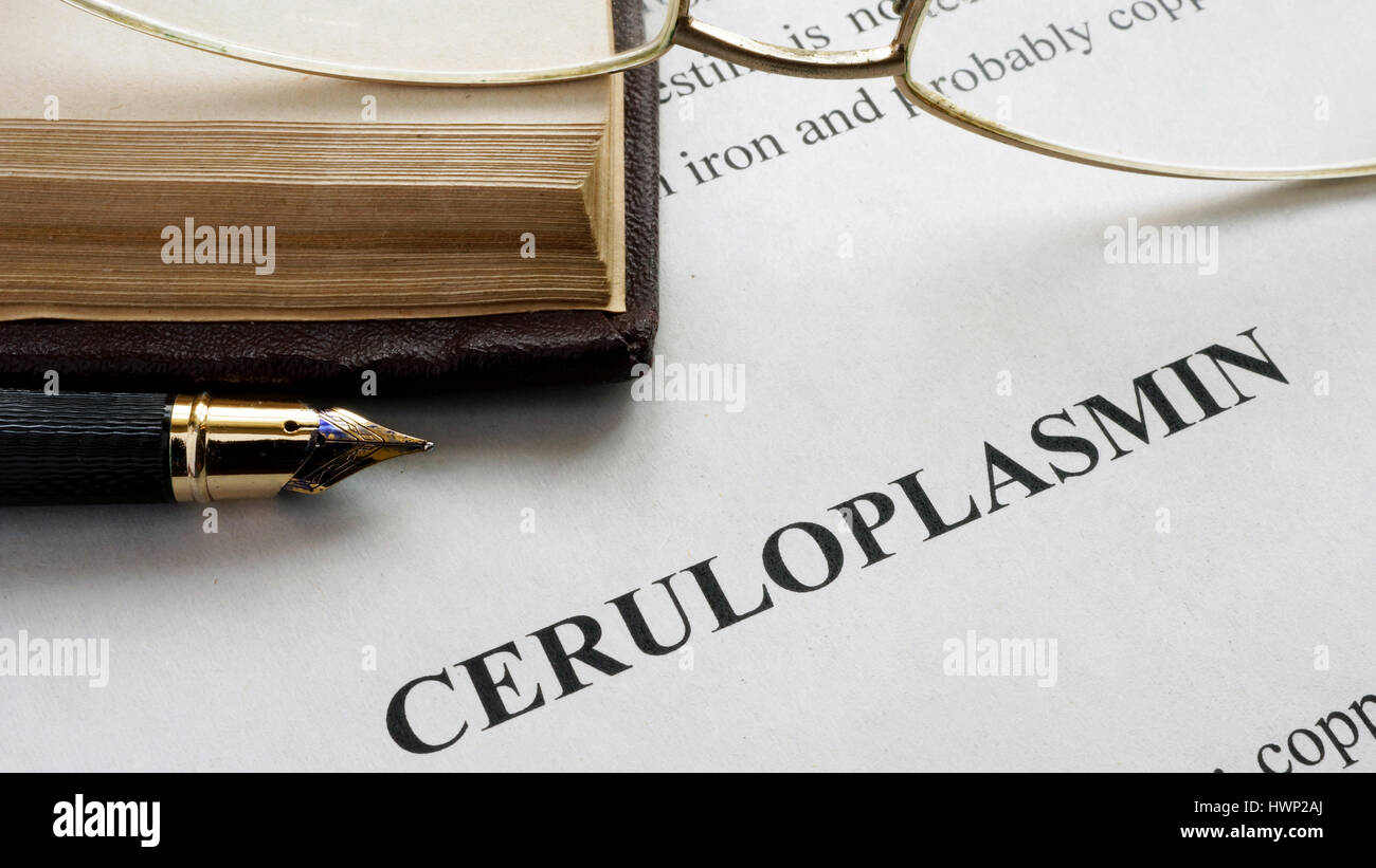 Document with title ceruloplasmin on a table. Stock Photo