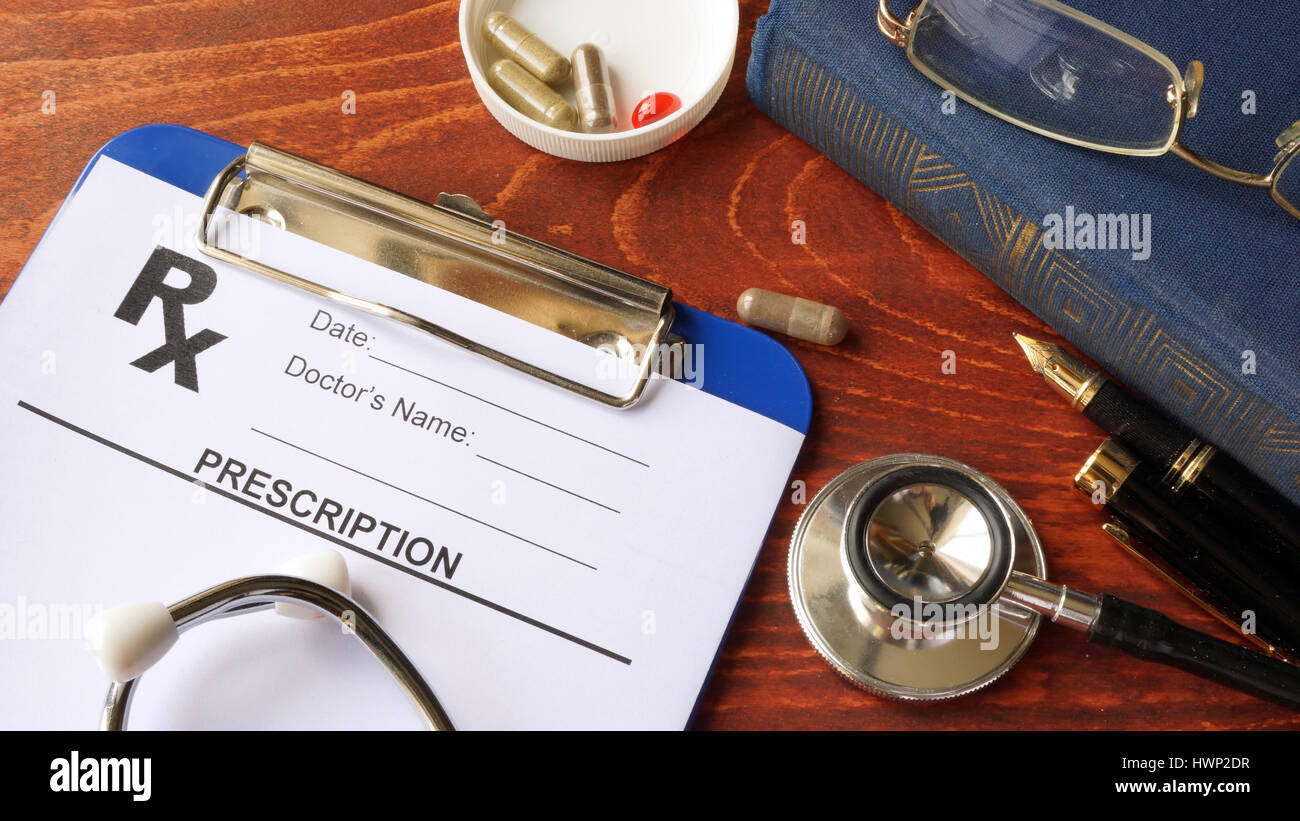 Prescription form on a table. Health care concept. Stock Photo