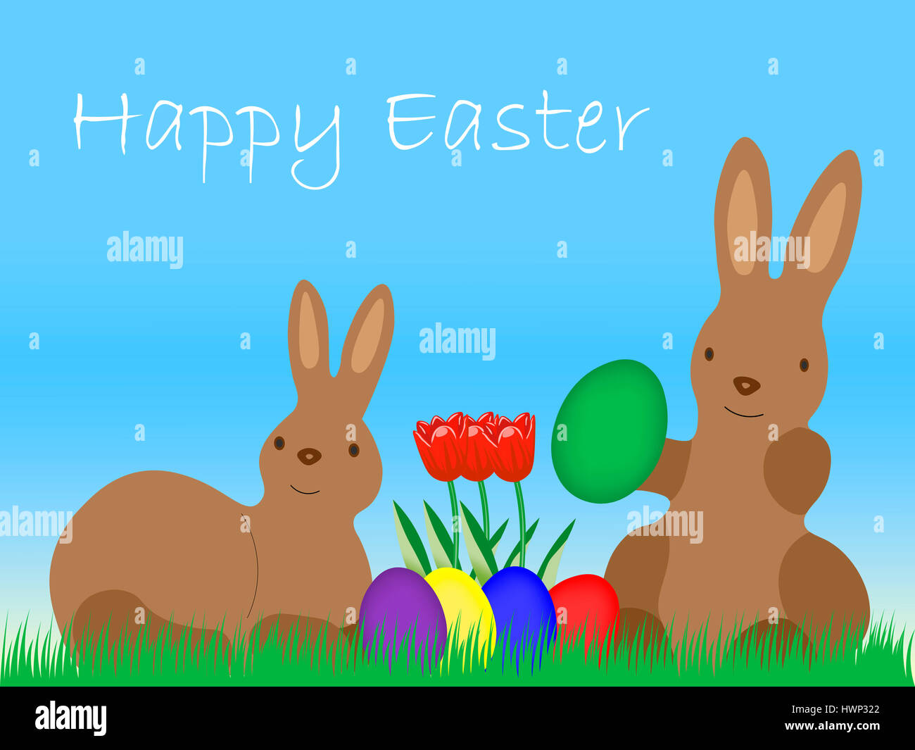 Happy Eastern, Easter Bunnys with Eggs and tulip on grassland Stock ...