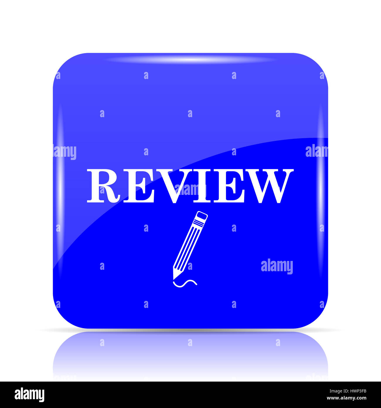 Review icon, blue website button on white background Stock Photo - Alamy