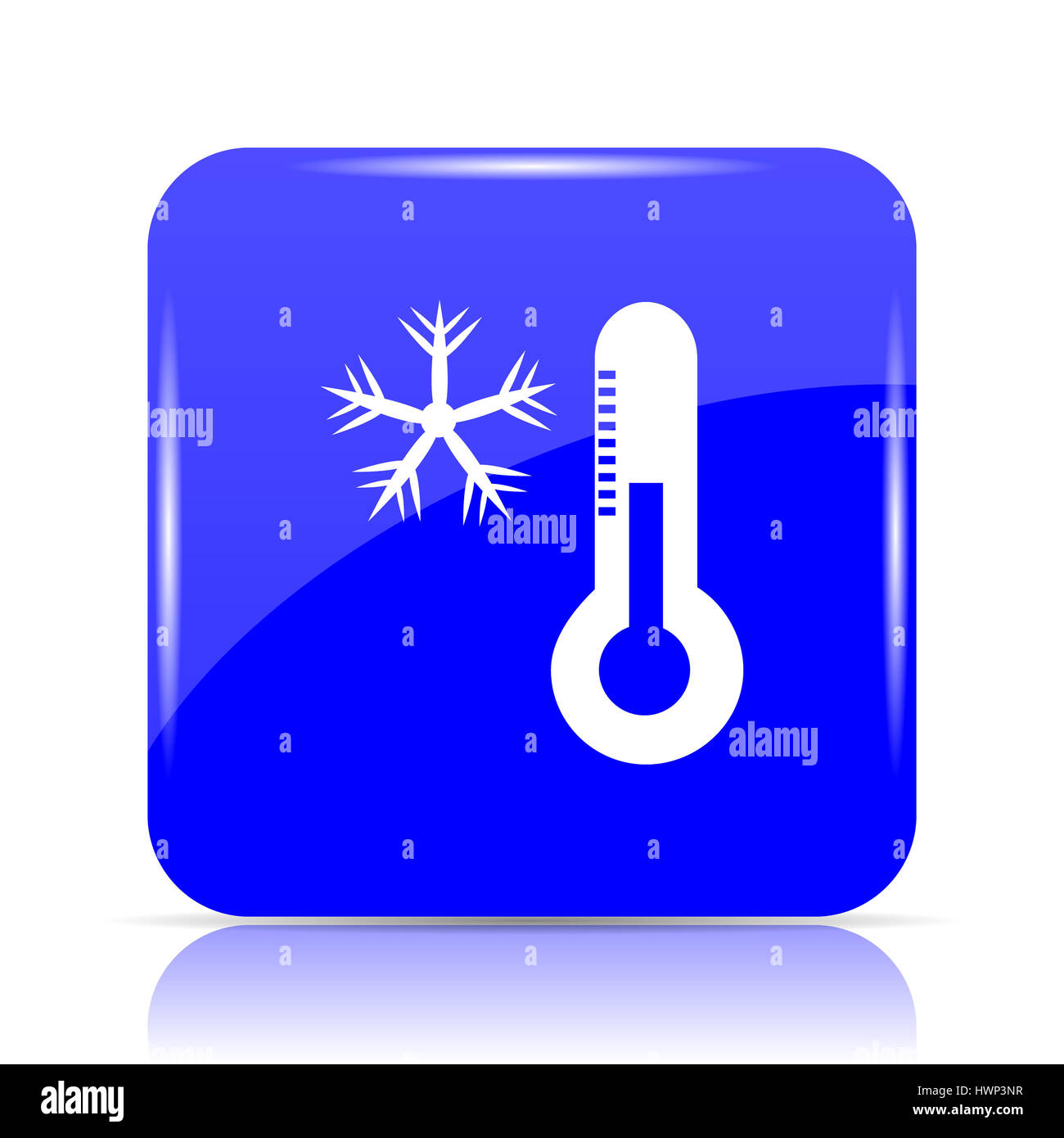 Snowflake with thermometer icon, blue website button on white background. Stock Photo