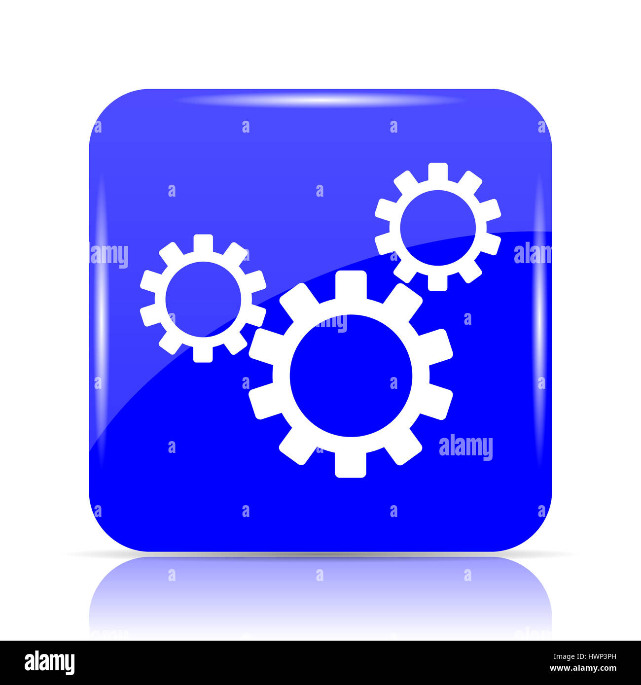 Settings icon, blue website button on white background. Stock Photo