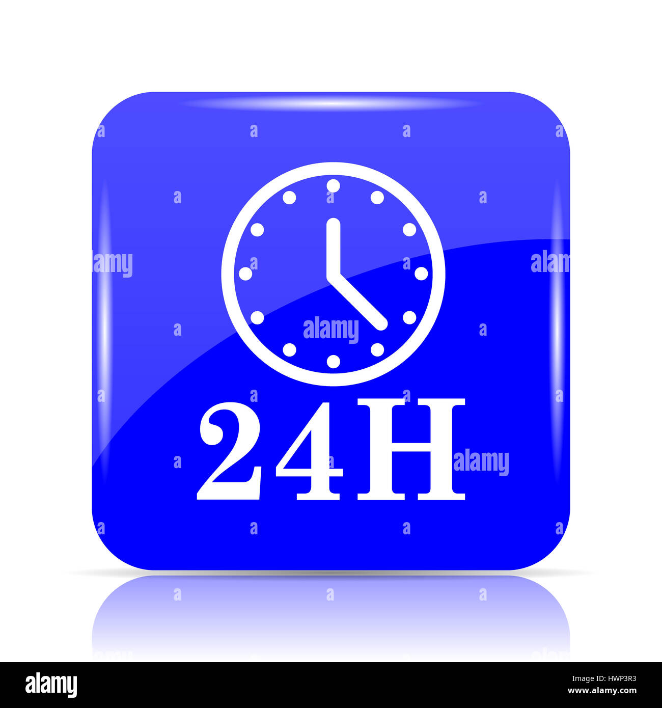 24H clock icon, blue website button on white background Stock Photo Alamy