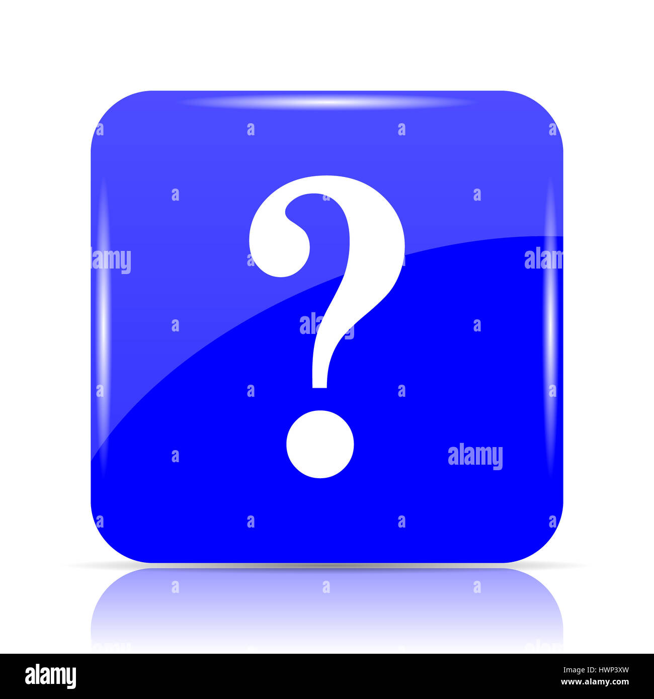 Question mark icon, blue website button on white background. Stock Photo