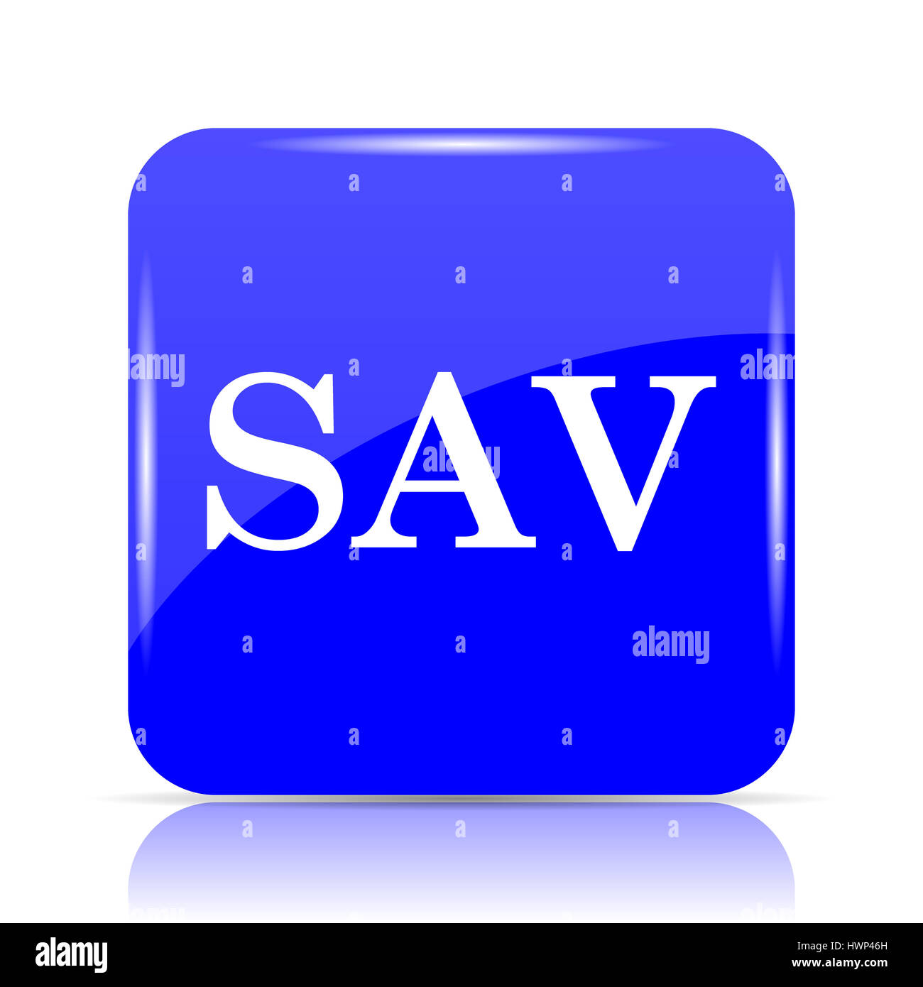 SAV icon, blue website button on white background. Stock Photo