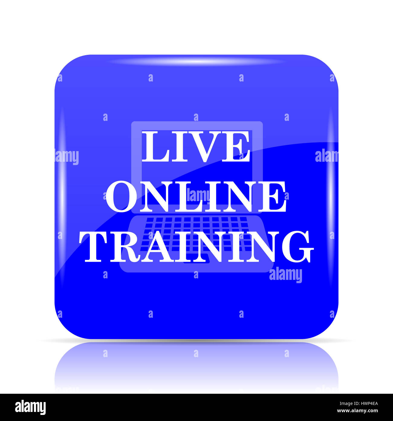 Live online training icon, blue website button on white background ...