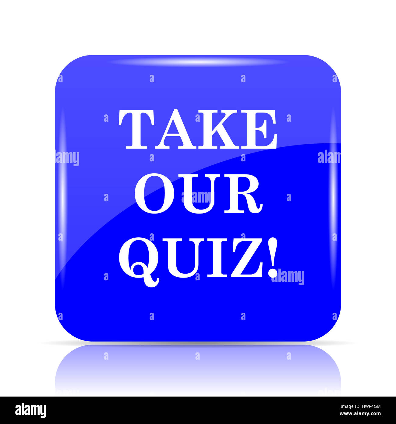 Take our quiz icon, blue website button on white background. Stock Photo