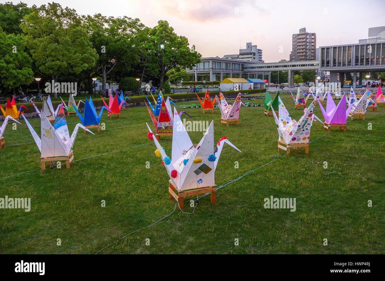 Origami models, cranes at Hiroshima Peace Memorial park. Hiroshima Peace Memorial Park is a memorial park in the center of Hiroshima, Japan. Stock Photo