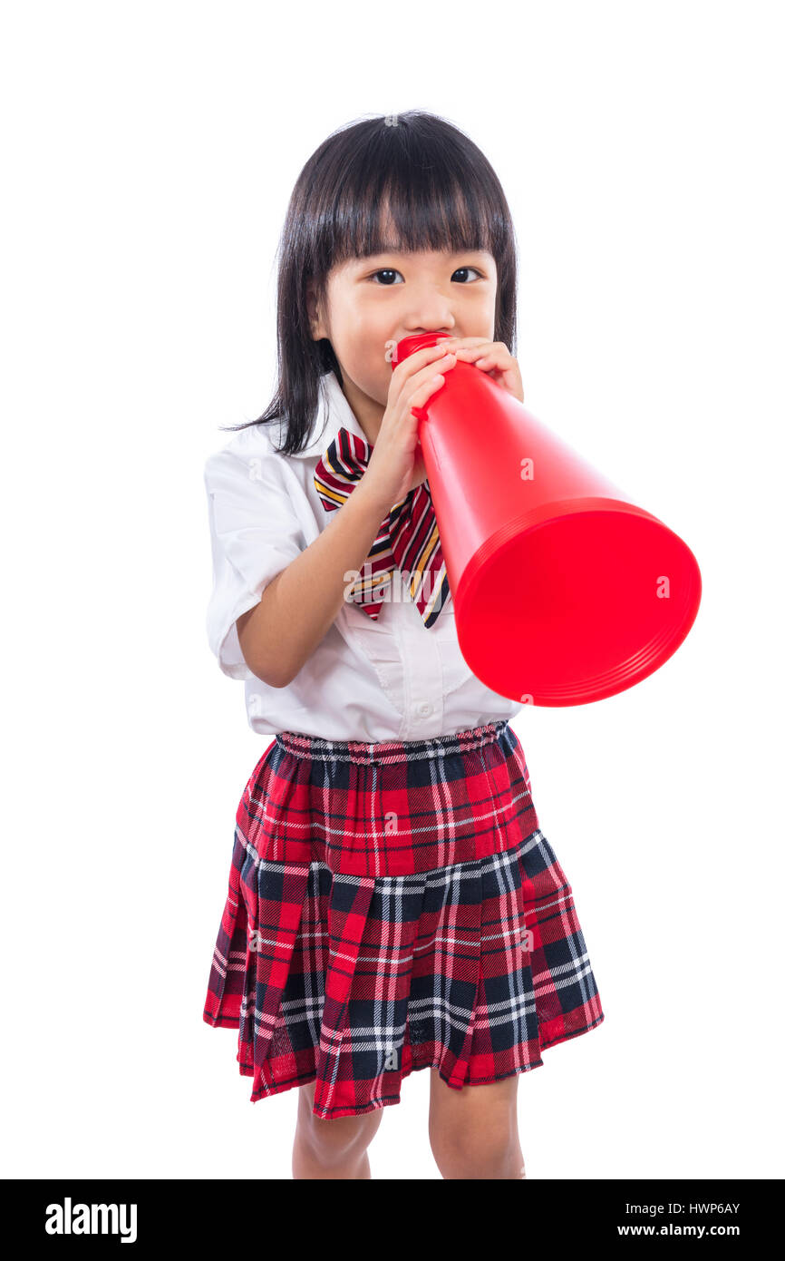 Asian Chinese little girl holding retro megaphone in isolated white