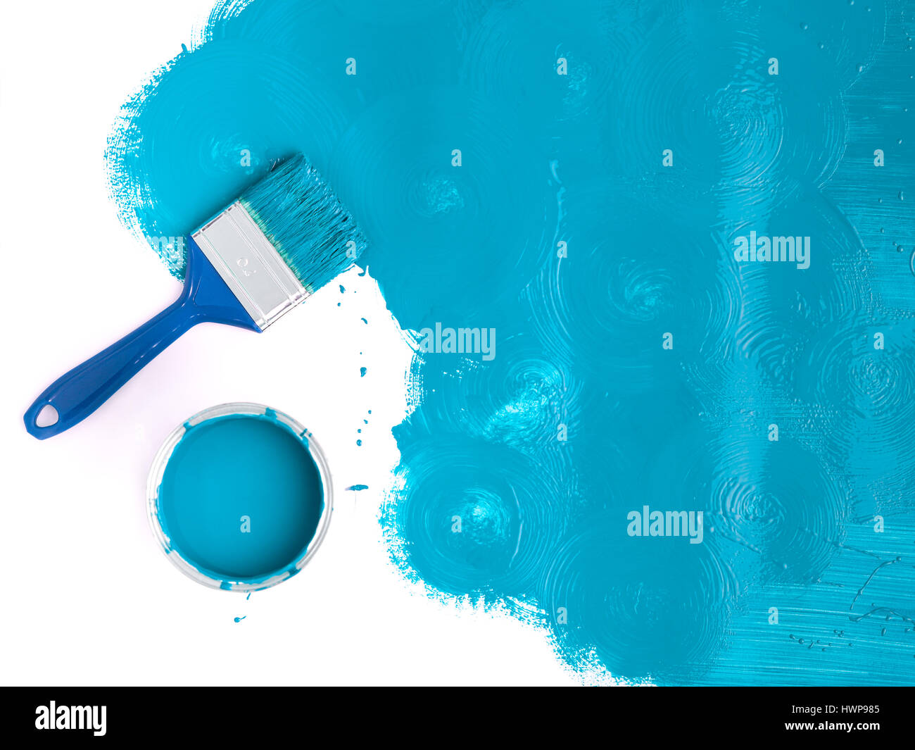 Landscape image blue paint brush with blue splash and can. top view with copy space Stock Photo
