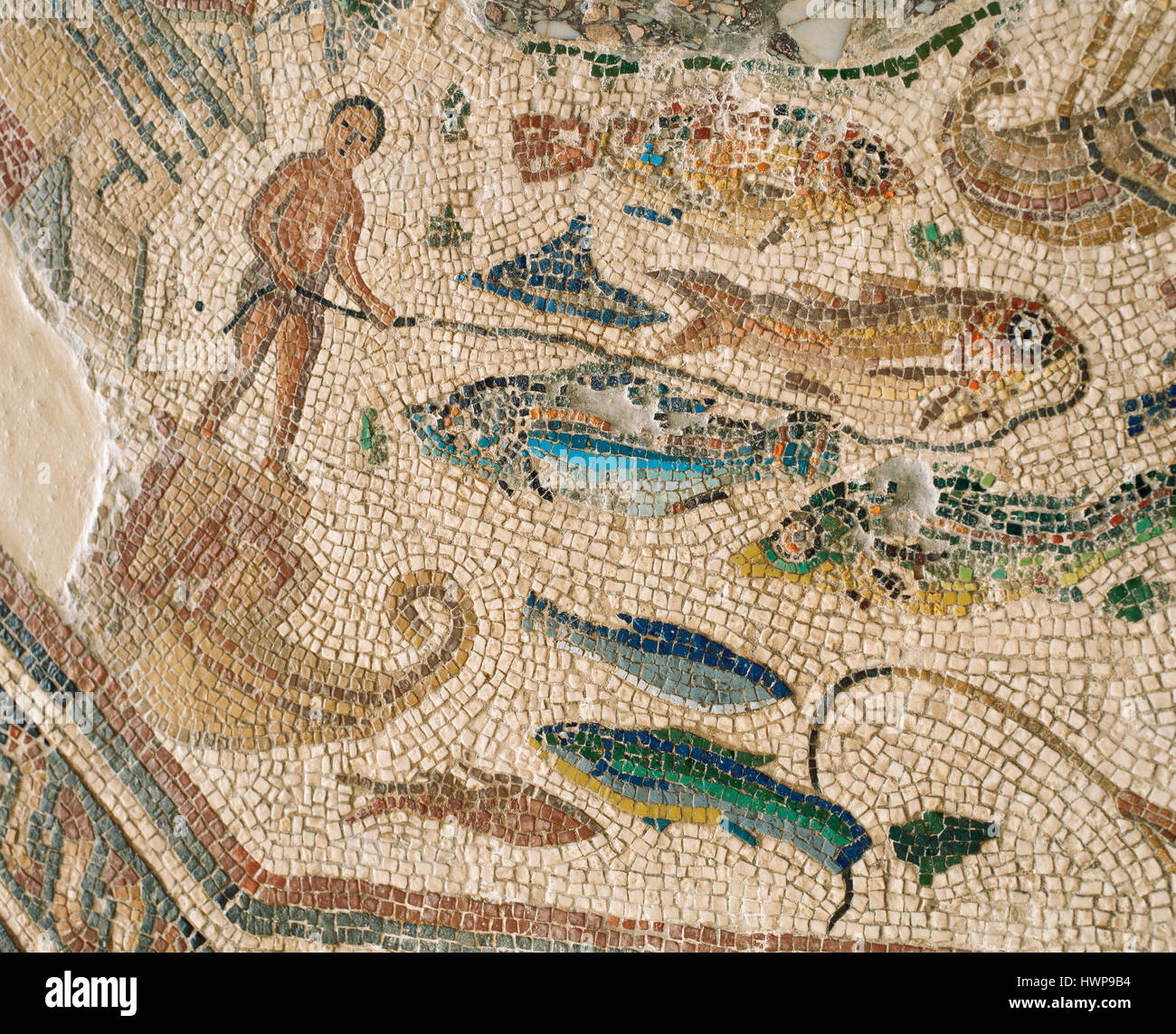 Roman mosaic. Port scenes. 3rd-4th century. From Vega Baja de Toledo. Museum of Hospital de la Santa Cruz. Toledo, Spain. Stock Photo