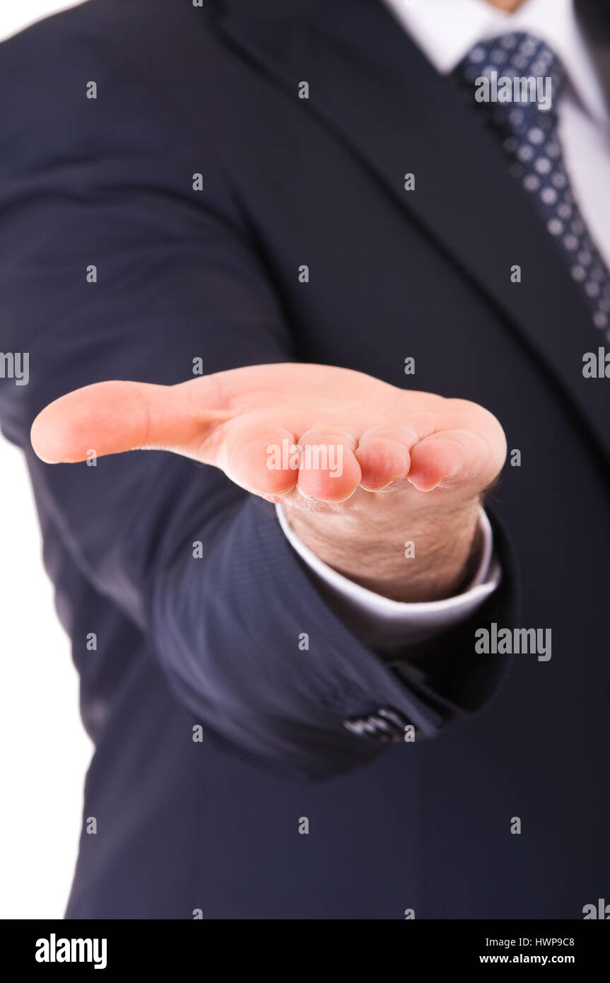 Businessman showing empty hand Stock Photo Alamy