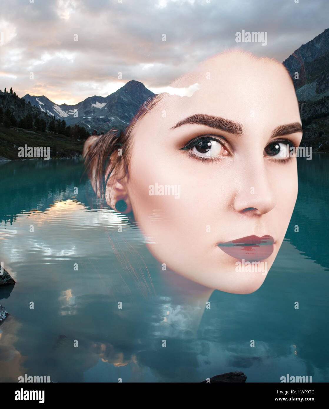 Double exposure portrait of young sensual woman and nature landscape ...