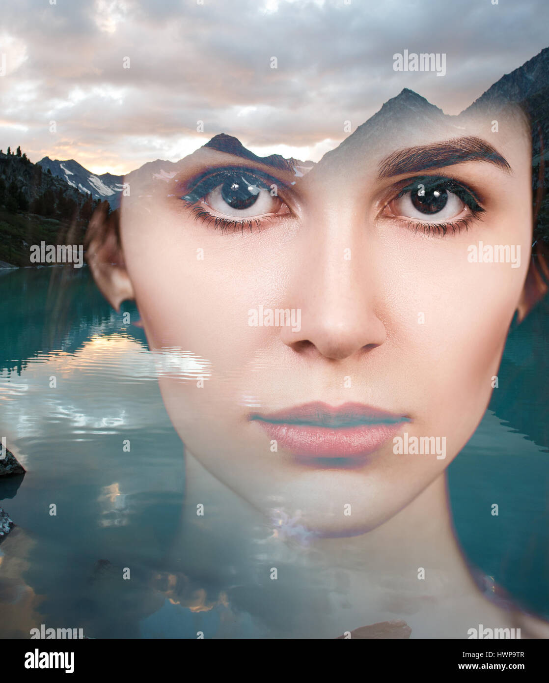 Double exposure portrait of young sensual woman and nature landscape ...