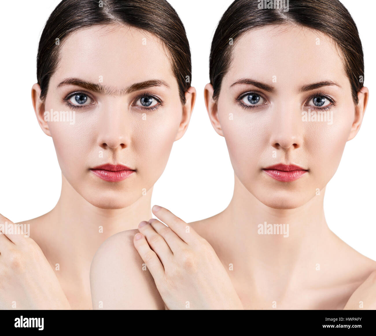 Perfect eyebrows before and after correction. Collage of one shaggy eyebrow after correction