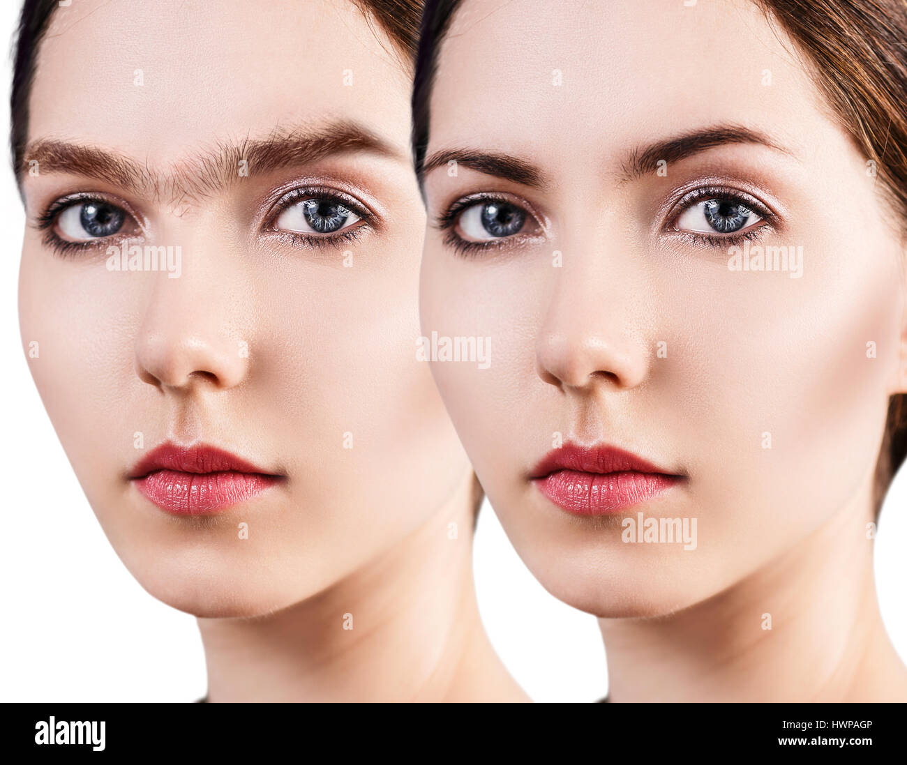 Perfect eyebrows before and after correction. Collage of one shaggy eyebrow after correction