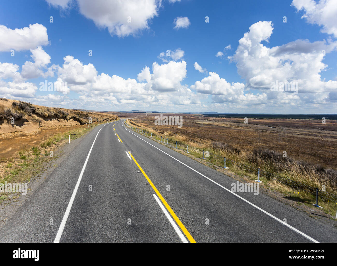 On the road in New Zealand between the Tongariro national park and Wellington in the north island. Stock Photo