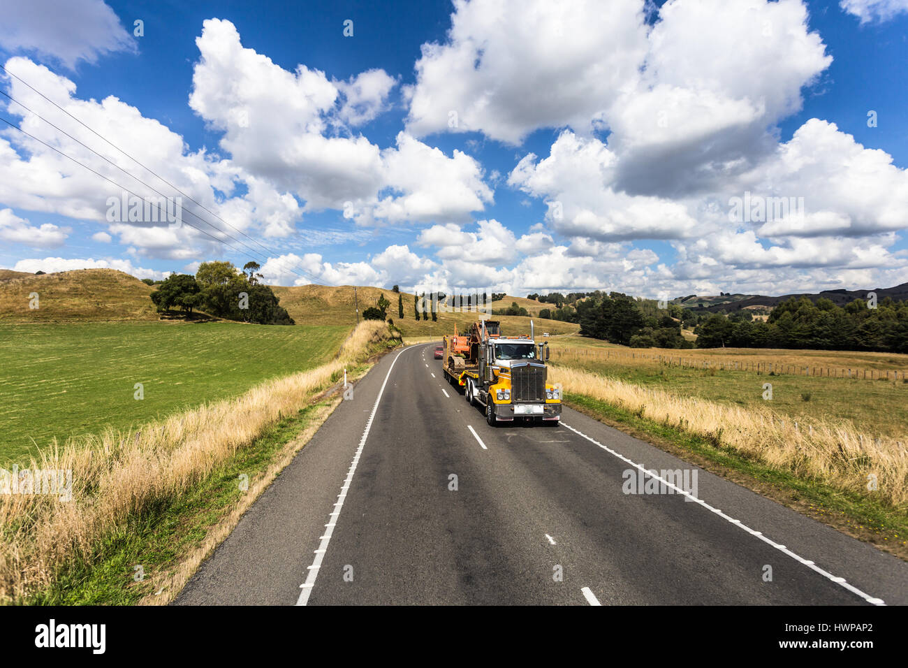 Truck driving in the countryside near Wellington in New Zealand. Stock Photo