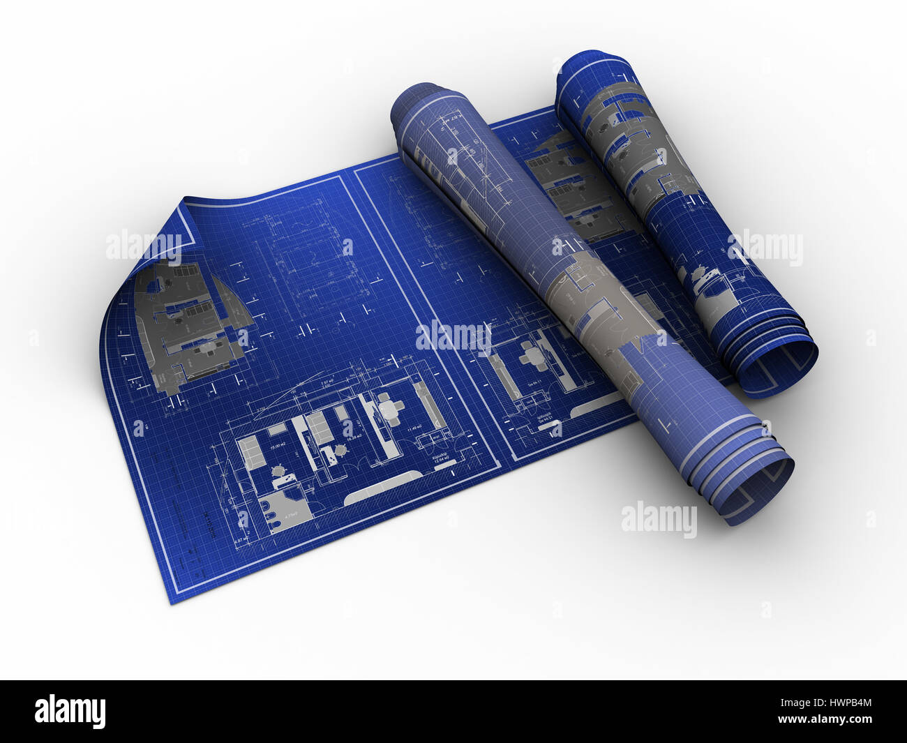 3d illustration of rolled blueprints over white background Stock Photo