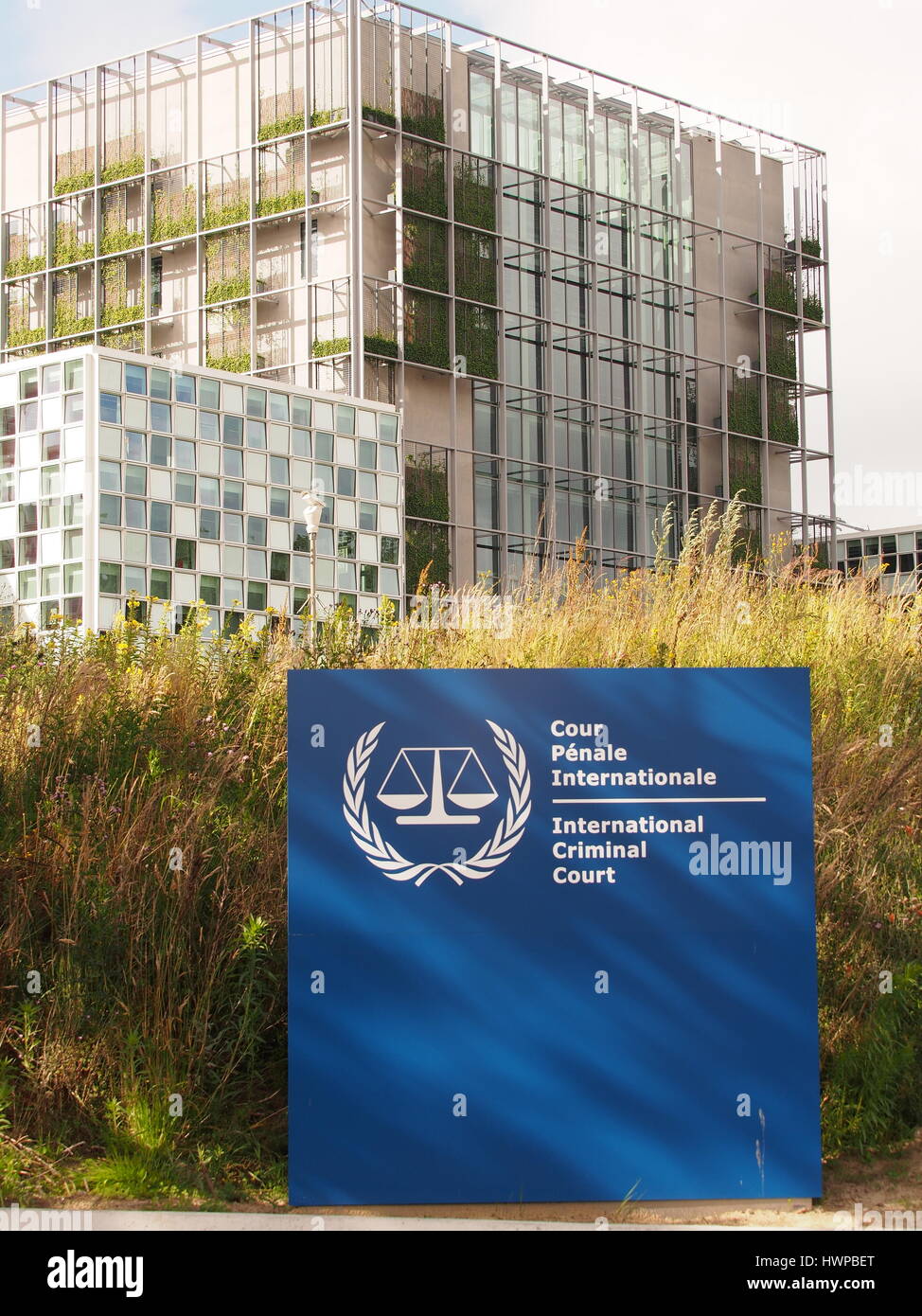 The Hague, Netherlands - July 5, 2016: The International Criminal Court entrance sign and the new 2016 opened ICC building. Stock Photo