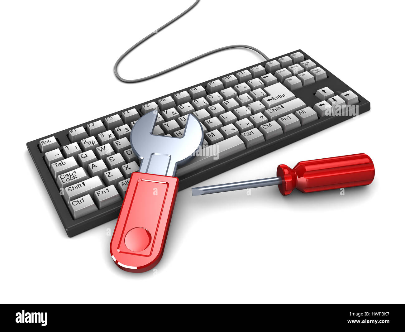 3d illustration of computer keyboard with hand tools, computer repair