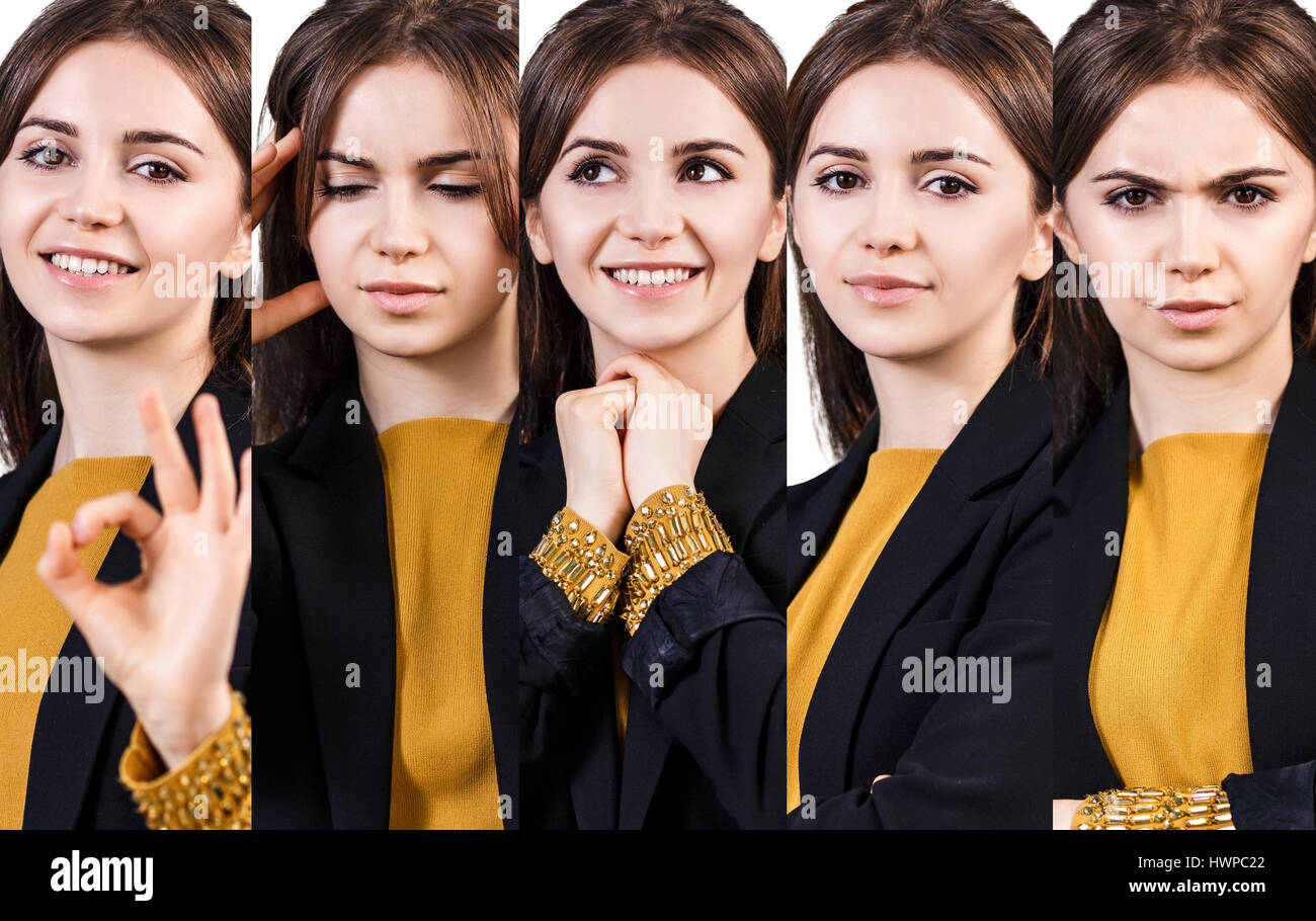 Set of young woman with different facial expressions over white background. Stock Photo