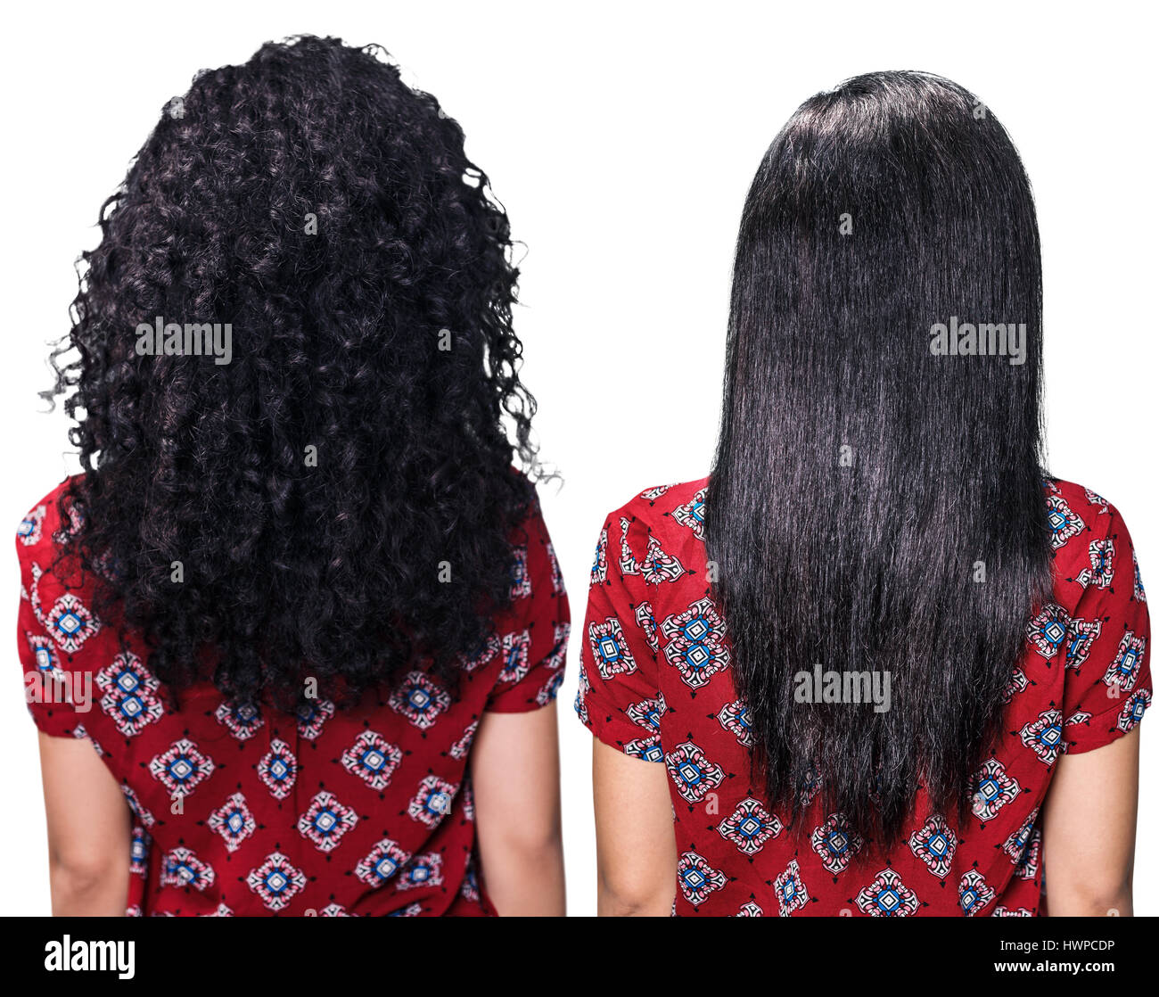 Hair before and after straightening over white background Stock Photo