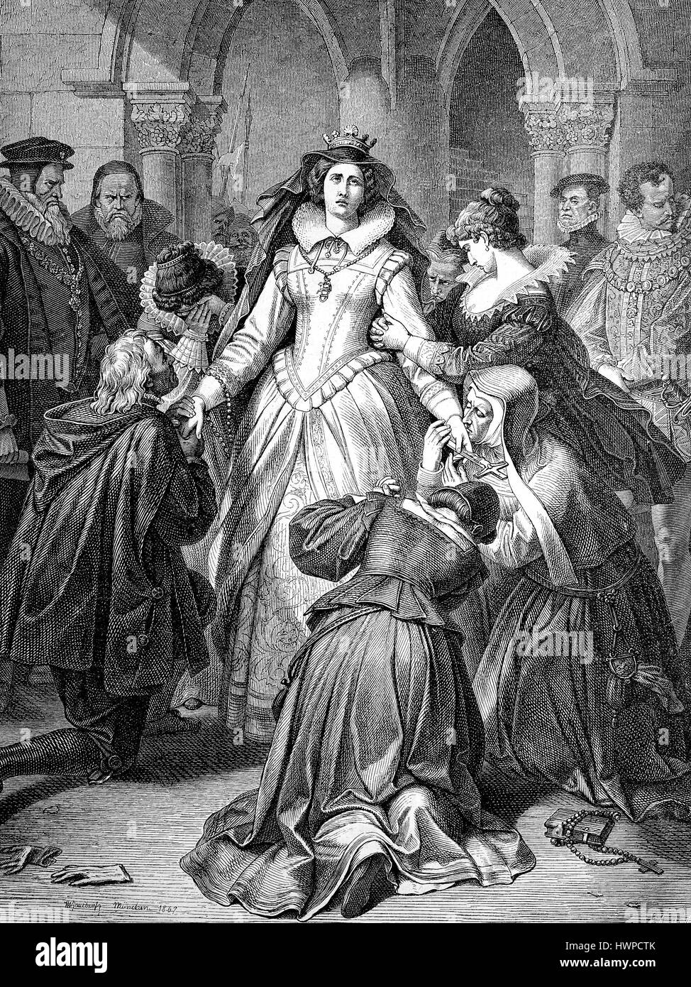 Maria Stuart, saying goodbye to their followers on the way to the execution. Maria Stuart, 1542-1587, born as Mary Stewart, was Queen of Scots by the 14 December 1542 until July 24, 1567, as Maria I, Reproduction of an original woodcut from the year 1882, digital improved Stock Photo