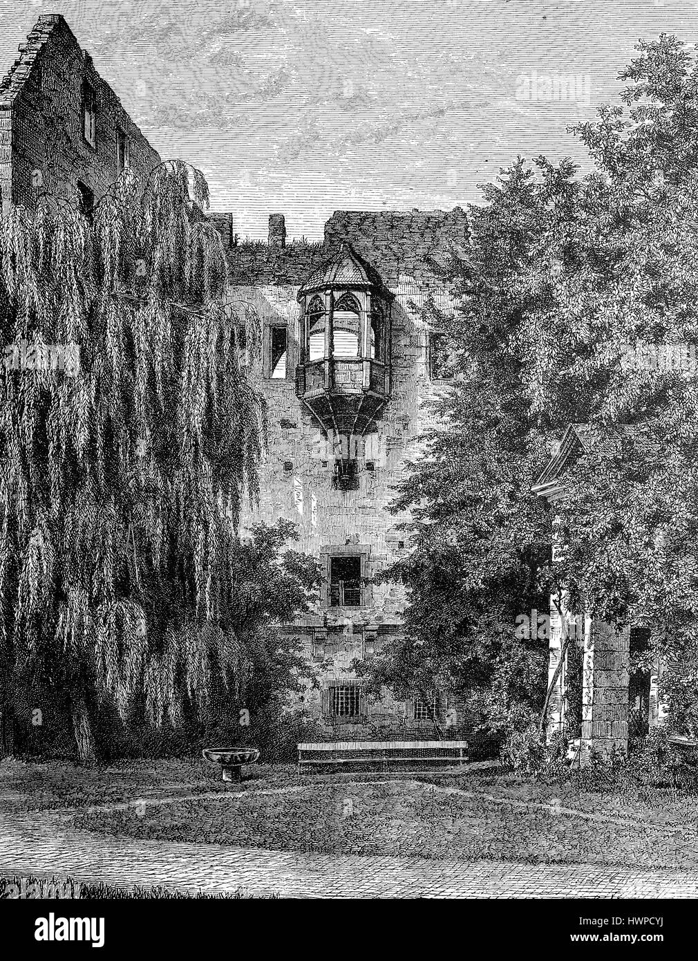 The Ruprecht building of the castle of Heidelberg, Germany, Reproduction of an original woodcut from the year 1882, digital improved Stock Photo