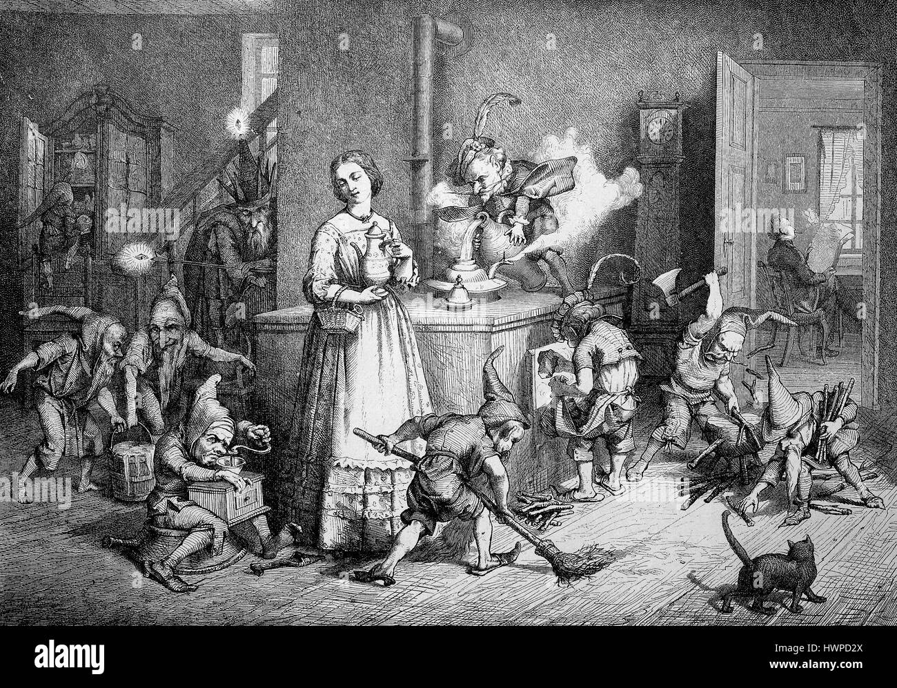 King Heinzelmann with Anna in the kitchen. The Heinzelmaennchen, brownie was according to legend Cologne House spirits. You were doing at night, when people were asleep, their work, Germany, Reproduction of an original woodcut from the year 1882, digital improved Stock Photo