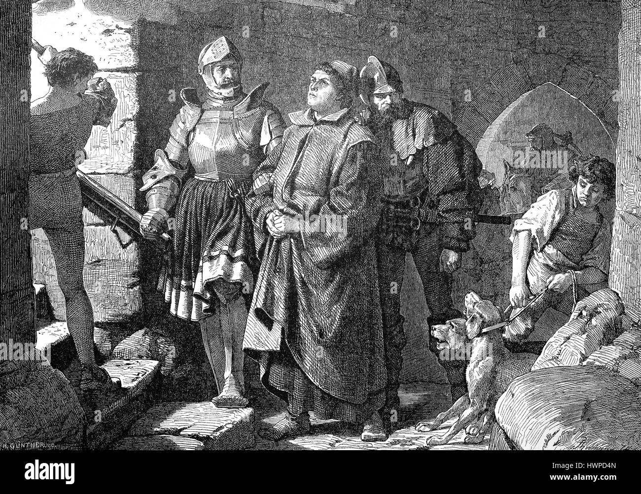 The arrival of Martin Luther on the Wartburg Castle, Germany, Martin Luther, 1483-1546, was the theological author of the Reformation, Augustinian hermit, Professor of theology, Reproduction of an original woodcut from the year 1882, digital improved Stock Photo