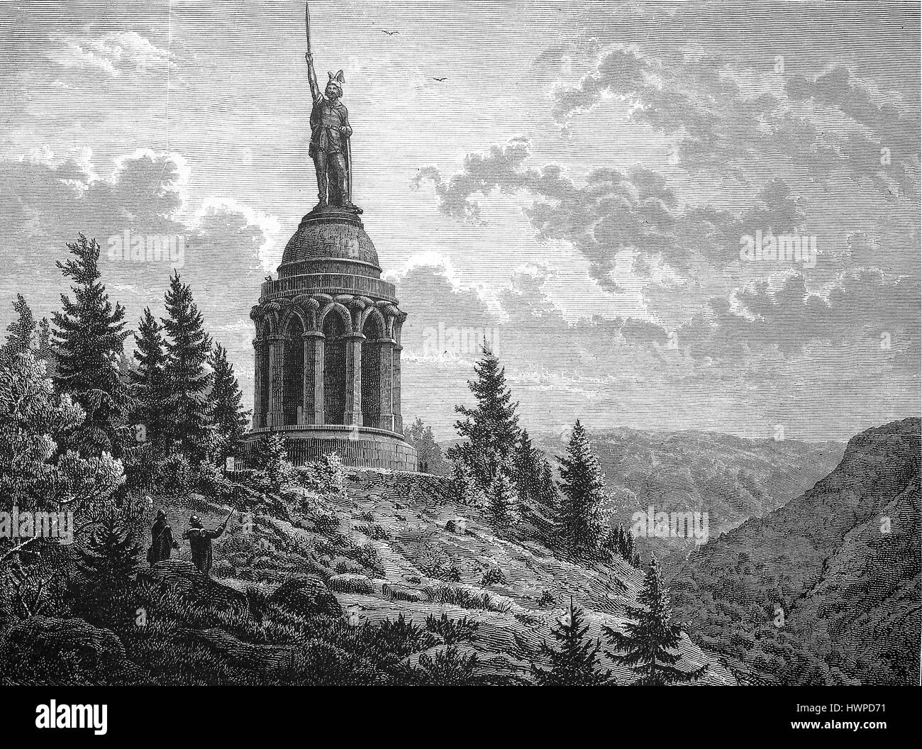 The Hermann - monument on the Treutberg, the Hermann monument is a colossal statue in the Hermannsdenkmal near Detmold, North Rhine-Westphalia in the southern Teutoburg Forest, Germany, Reproduction of an original woodcut from the year 1882, digital improved Stock Photo