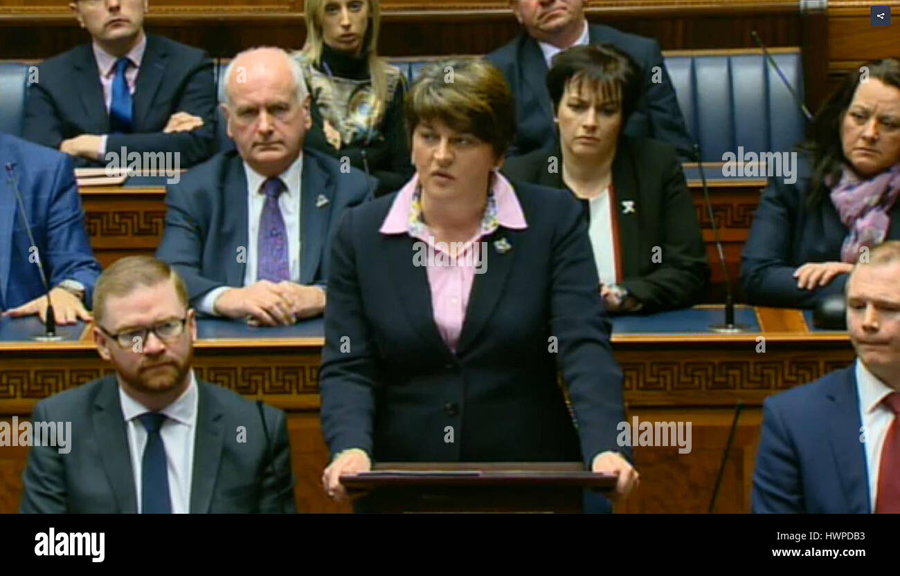 First Minister Arlene Foster pays tribute to Martin McGuinness during a special sitting of the Northern Ireland Assembly. Stock Photo