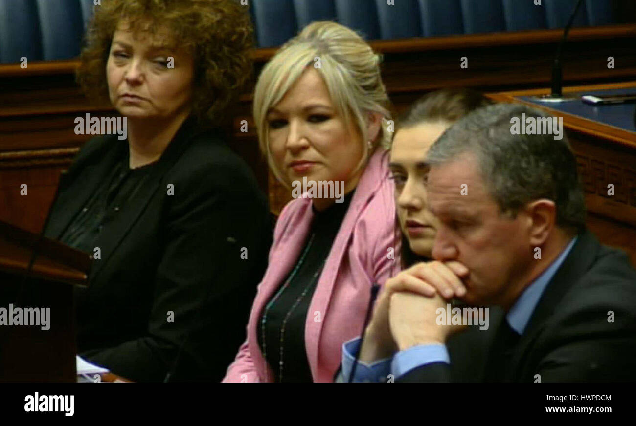 Sinn Fein leader Michelle O'Neill looks on as colleagues pay tribute to Martin McGuinness during a special sitting of the Northern Ireland Assembly. Stock Photo