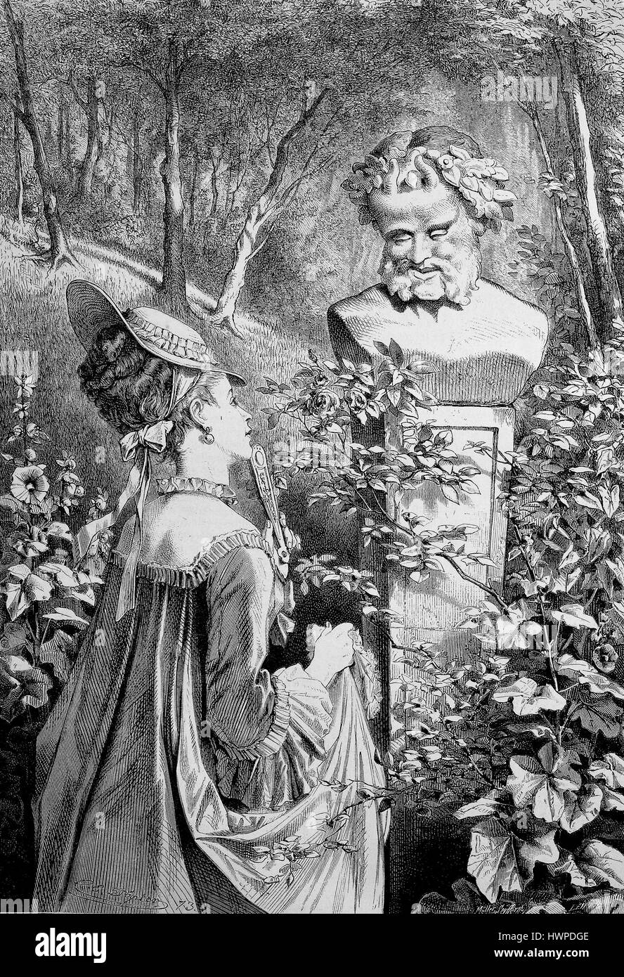 When the satyr in the Park, woman stands before a bust, monument. A satyr or Silenus is a demon in the retinue of Dionysus in Greek mythology. Satyrs are the hybrid creatures of Greek mythology, Reproduction of an original woodcut from the year 1882, digital improved Stock Photo