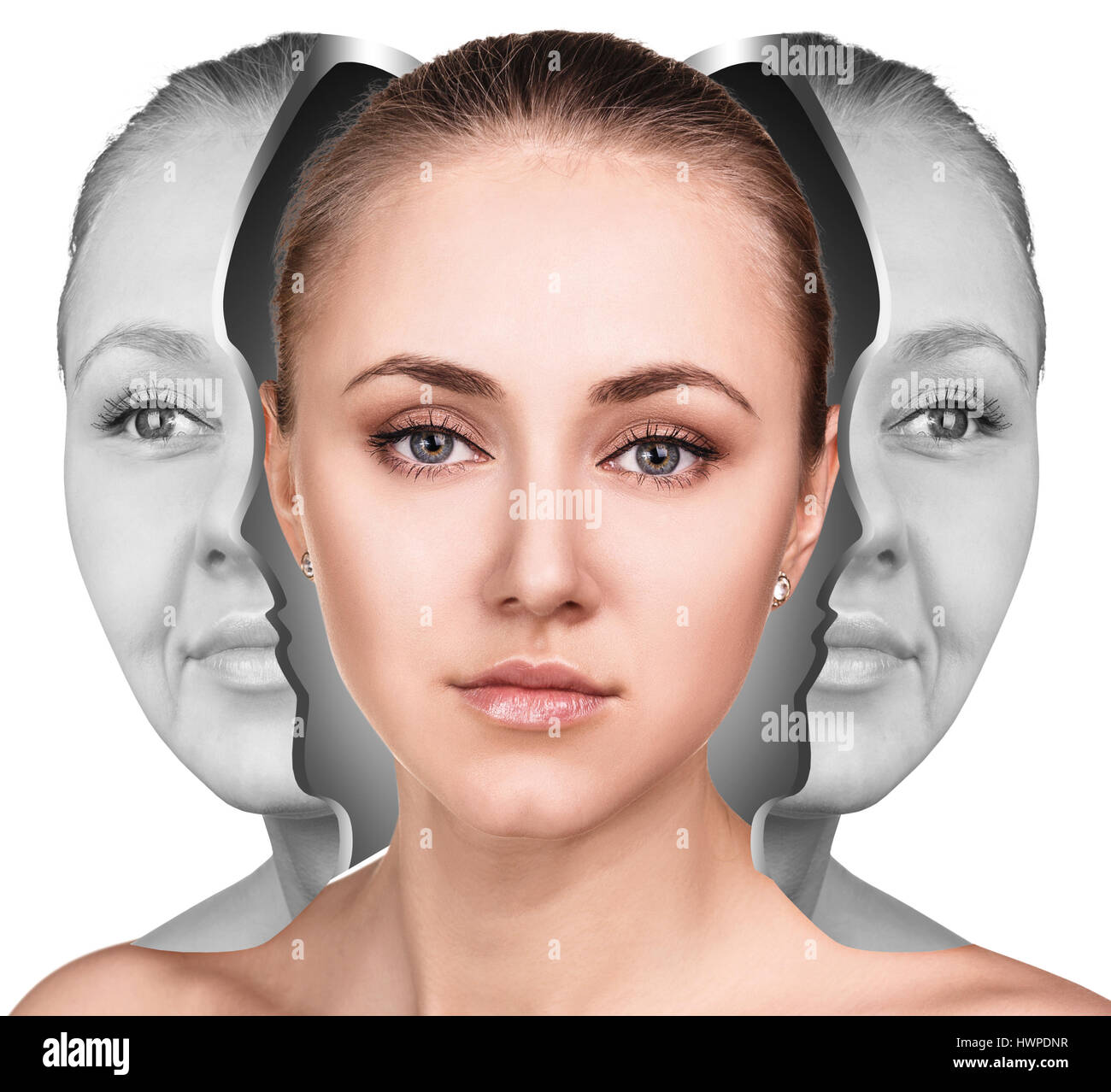 Female face before and after facial rejuvenation or plastic surgery