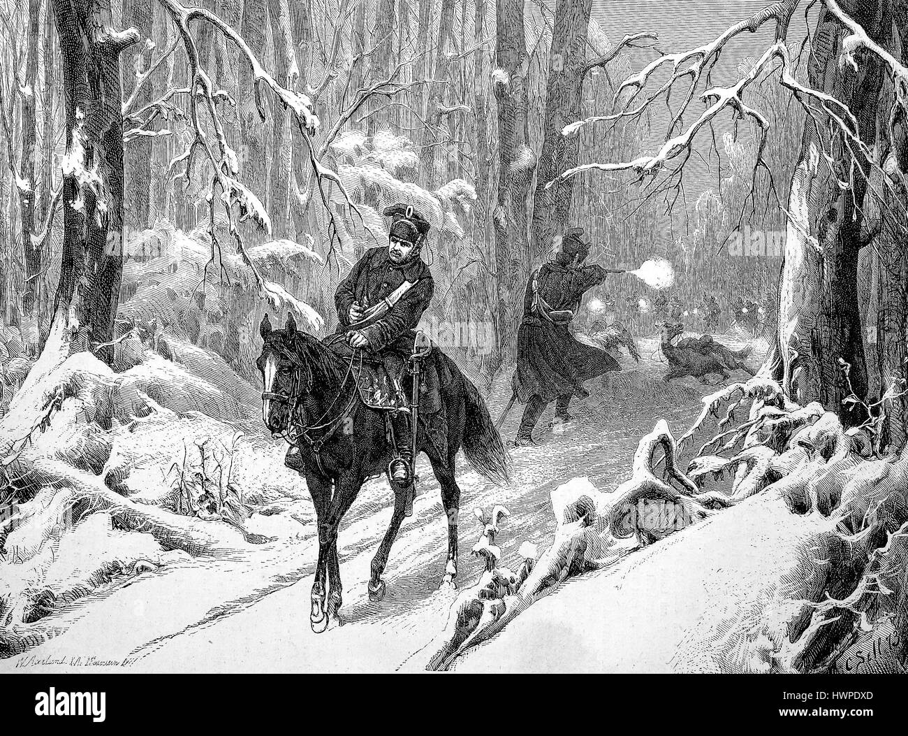 Scene from the winter campaign of 1870, soldier on a horse in snowcovered wood, Reproduction of an original woodcut from the year 1882, digital improved Stock Photo