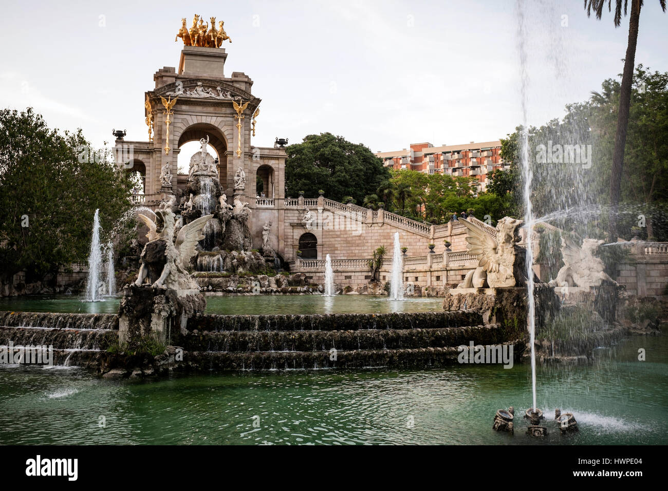 The famous fountain Cascada del Parque de la Ciudadela (Parc de la Ciutadella) is designed by Josep Fontserè and among the landmarks and main attracti Stock Photo
