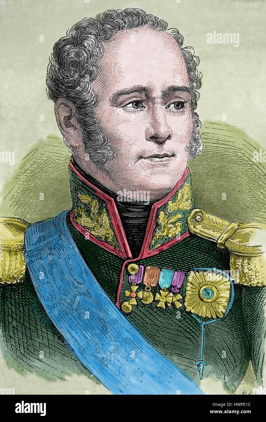 Alexander I of Rusia (1777-1825). Emperor of Russia, King of Poland, Grand Duke of Finland. Portrait. Engraving, 1883. Color. Stock Photo